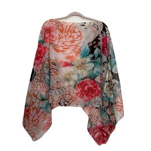 Chico's Floral Sheer Flutter Top in Coral, Pink, Teal and Cream